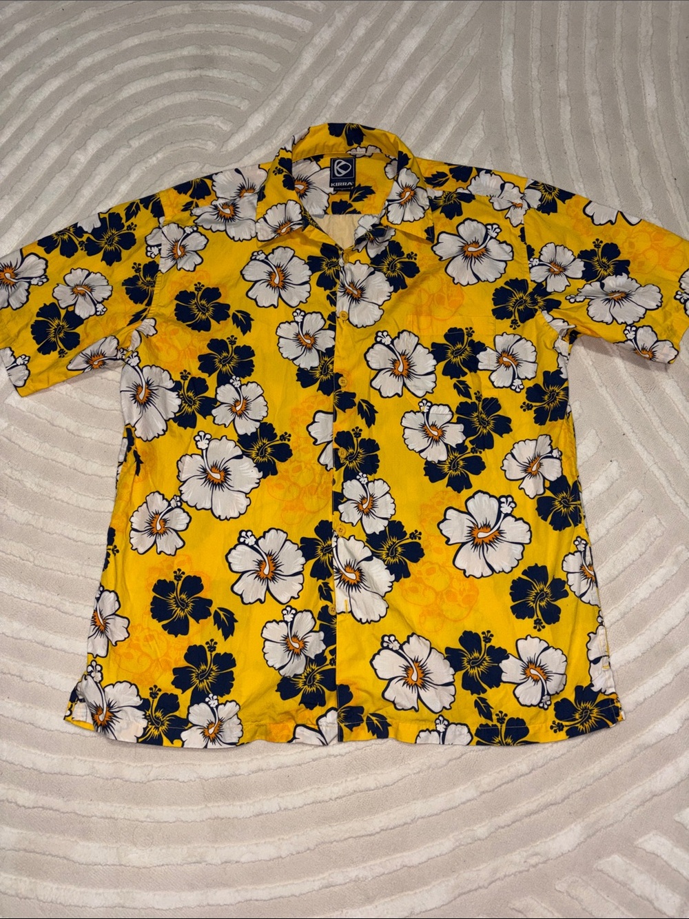 Kirra Yellow Floral Camp Shirt with White & Navy Hibiscus